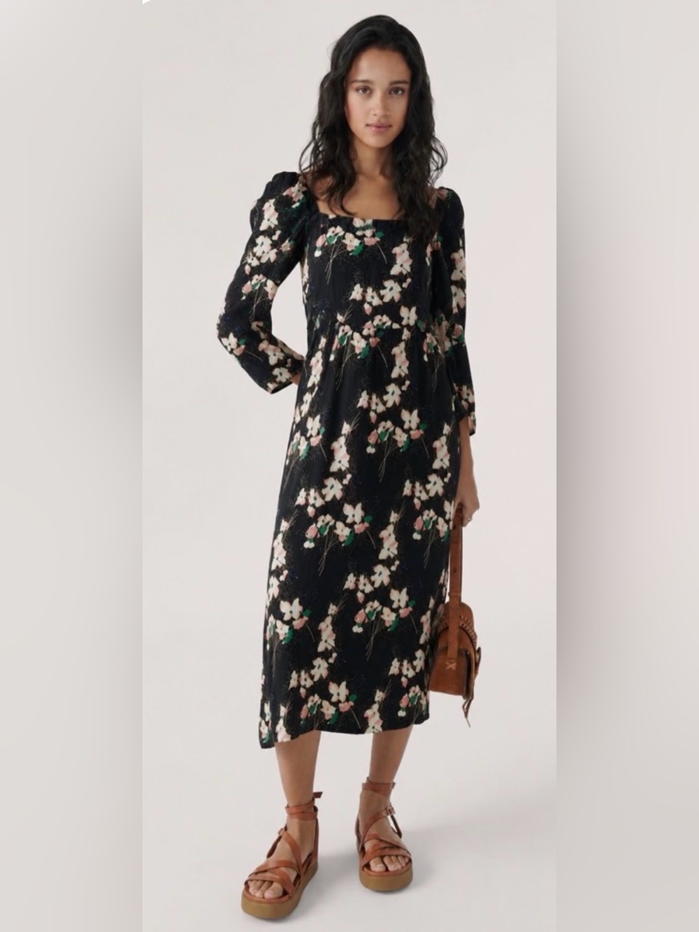 285$ BA&SH Elonor Black Multicolor Floral Midi Dress Size M Boho Cottagecore
